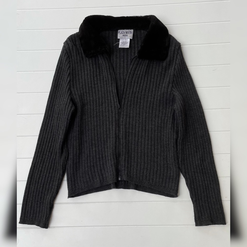 Plaza South Petite Vintage 90s Full Zip Ribbed Y2K Faux Fur Collar Neutral Top